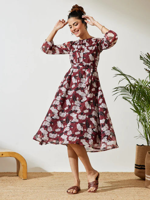 Saheli Women's Brown Chiffon Floral Printed A-line Gathered Dress