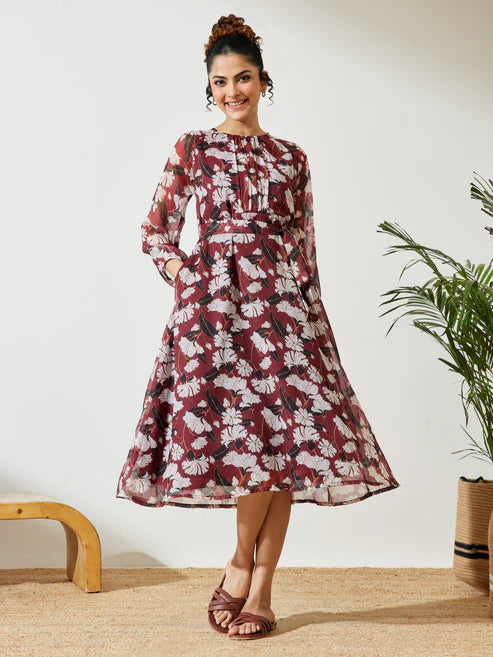 Saheli Women's Brown Chiffon Floral Printed A-line Gathered Dress