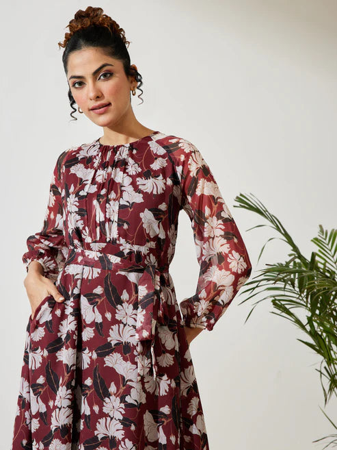 Saheli Women's Brown Chiffon Floral Printed A-line Gathered Dress