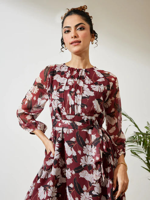 Saheli Women's Brown Chiffon Floral Printed A-line Gathered Dress