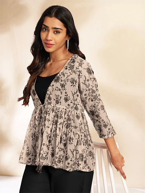 Saheli Black Crepe Floral Printed Crop Top with Pant and Jacket Set