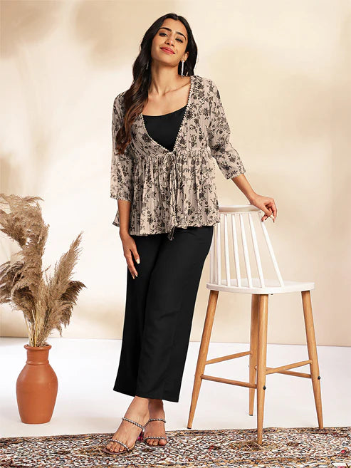 Saheli Black Crepe Floral Printed Crop Top with Pant and Jacket Set