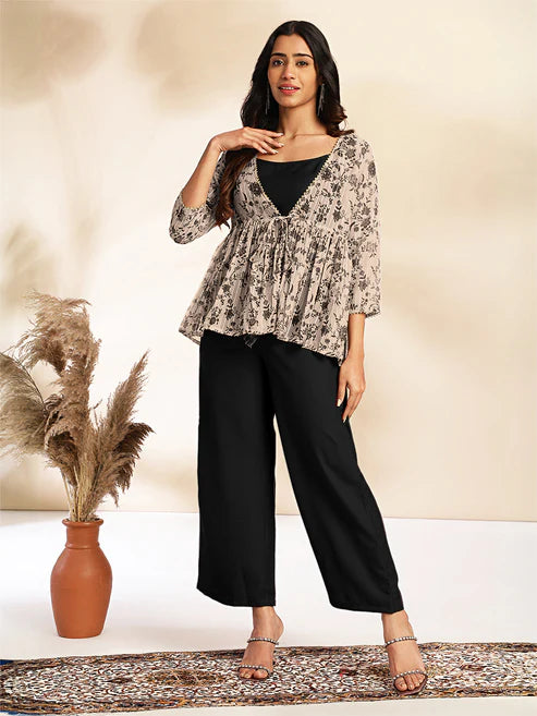 Saheli Black Crepe Floral Printed Crop Top with Pant and Jacket Set