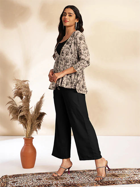 Saheli Black Crepe Floral Printed Crop Top with Pant and Jacket Set