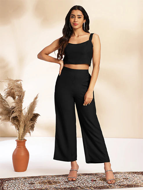 Saheli Black Crepe Floral Printed Crop Top with Pant and Jacket Set