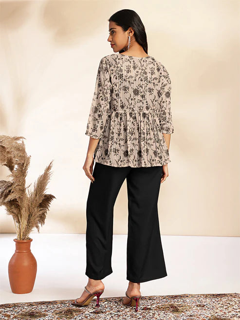 Saheli Black Crepe Floral Printed Crop Top with Pant and Jacket Set