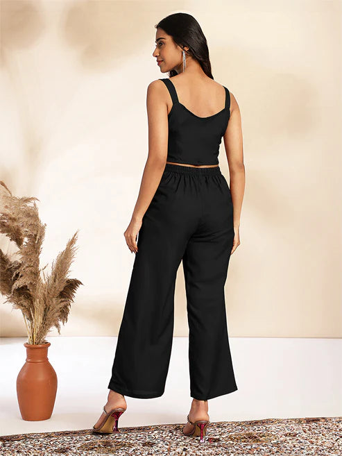 Saheli Black Crepe Floral Printed Crop Top with Pant and Jacket Set