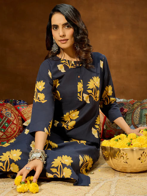 Saheli Women's Navy Blue Pure Cotton Floral Printed Straight Co-ord Set