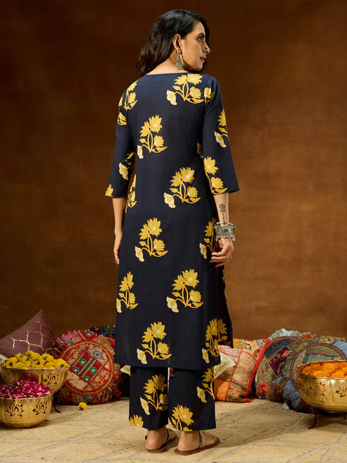 Saheli Women's Navy Blue Pure Cotton Floral Printed Straight Co-ord Set