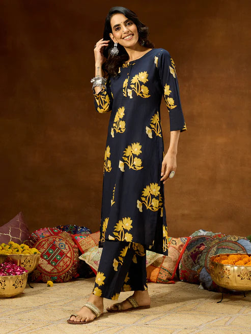 Saheli Women's Navy Blue Pure Cotton Floral Printed Straight Co-ord Set
