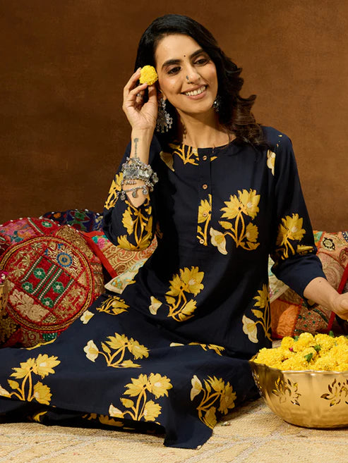 Saheli Women's Navy Blue Pure Cotton Floral Printed Straight Co-ord Set