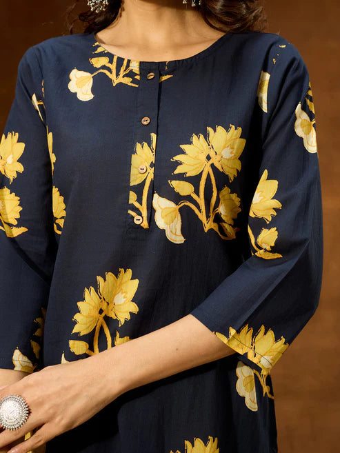 Saheli Women's Navy Blue Pure Cotton Floral Printed Straight Co-ord Set