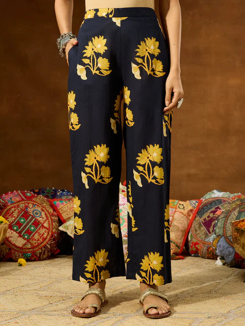 Saheli Women's Navy Blue Pure Cotton Floral Printed Straight Co-ord Set