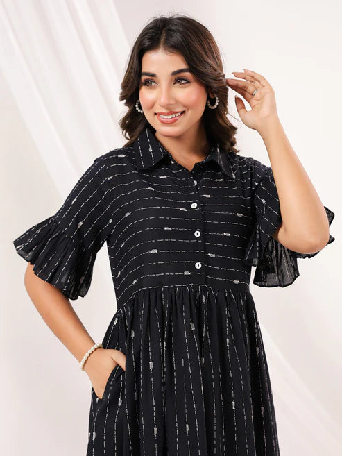 Saheli Women's Black Cotton Abstract Printed A-line Dress