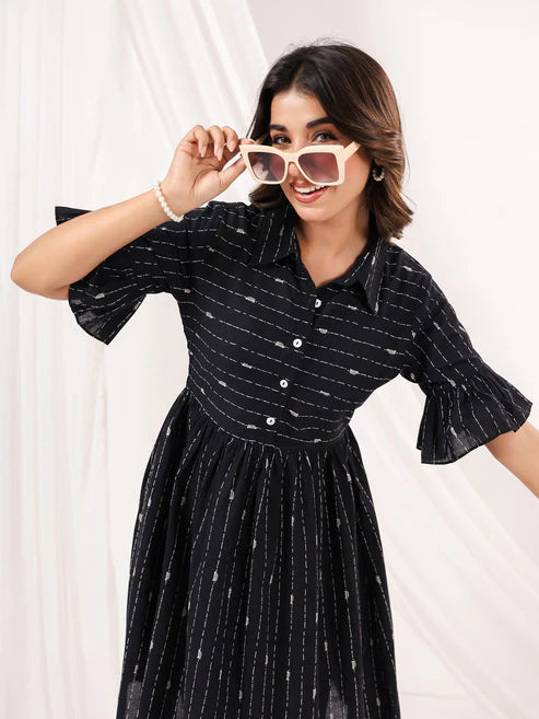 Saheli Women's Black Cotton Abstract Printed A-line Dress