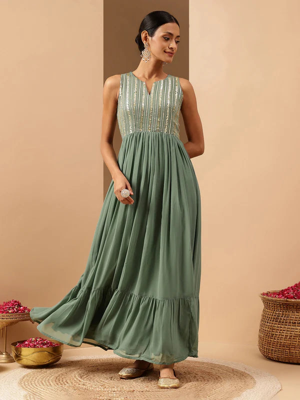 Saheli Women's Sage Green Georgette Sequined Gathered Flared Gown
