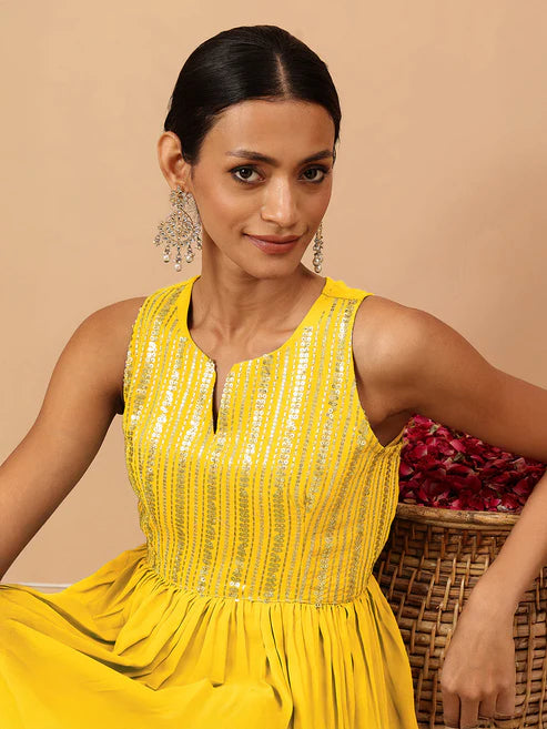 Saheli Women's Yellow Georgette Sequined Gathered Flared Gown