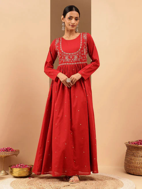 Saheli Women's Maroon Soft Pure Cotton Zari Embroidered Anarkali Flared Gown