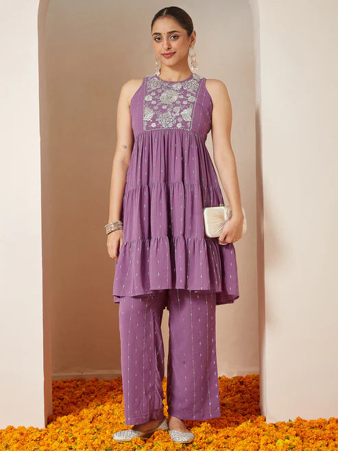 Saheli Women's Lavender Georgette Embellished Tiered Kurta With Palazzo Set