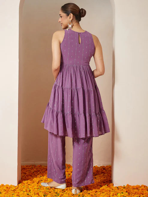 Saheli Women's Lavender Georgette Embellished Tiered Kurta With Palazzo Set