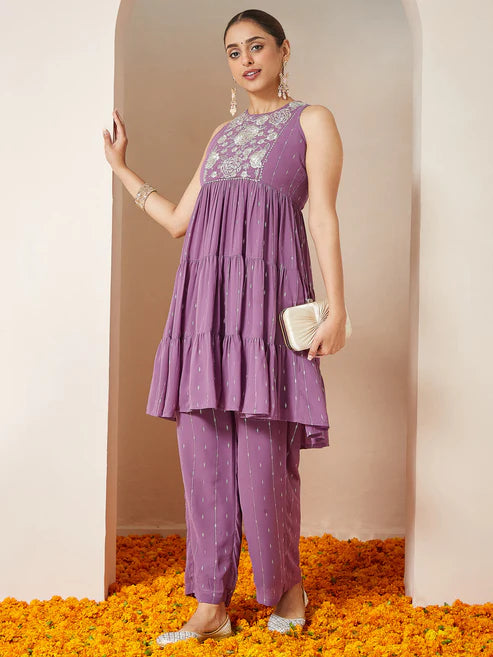 Saheli Women's Lavender Georgette Embellished Tiered Kurta With Palazzo Set