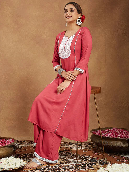 Saheli Women's Rust Rayon Yoke Embroidered A-line Kurta With Palazzo Set