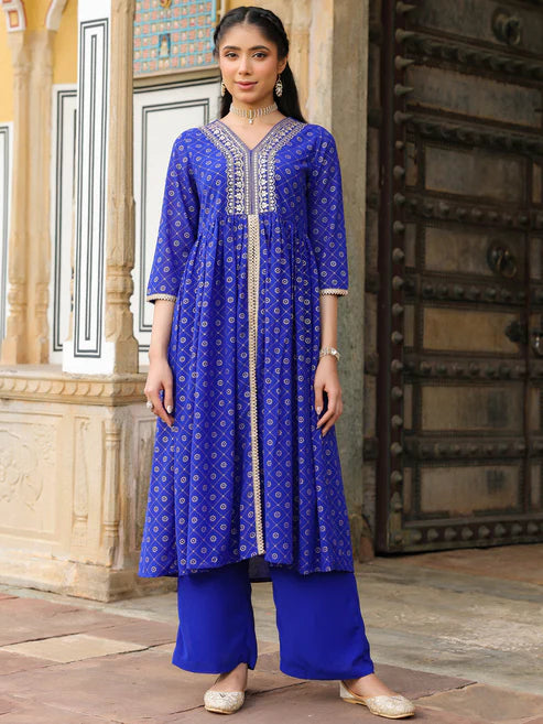 Saheli Women's Royal Blue Georgette Foil Printed Embellished A-line Front-slit Kurta With Palazzo Set