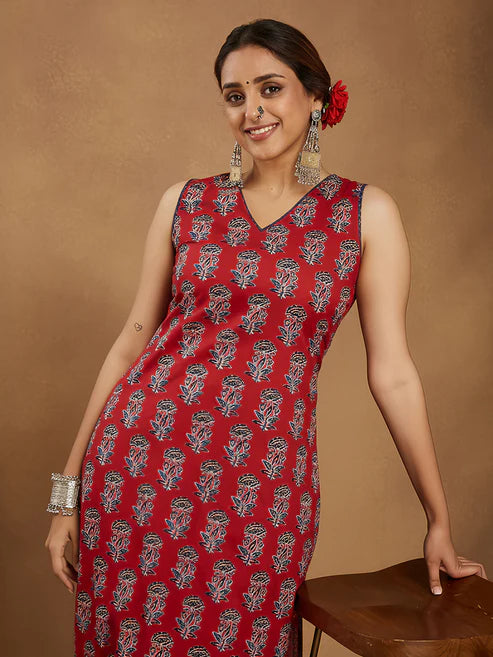 Women's Maroon Pure Cotton Floral Printed Straight Kurta Pant Set