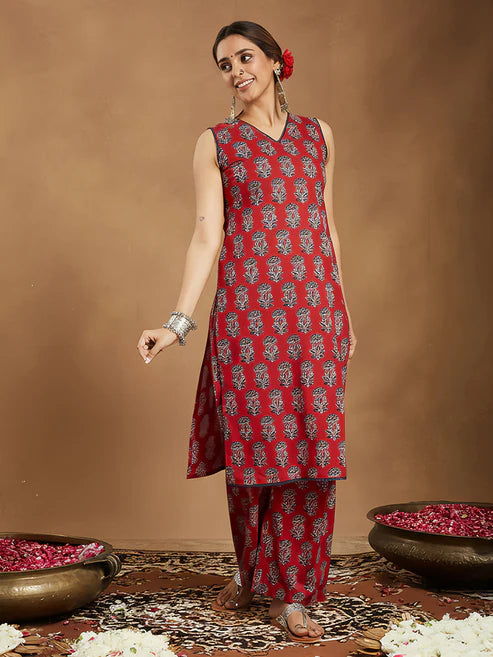 Women's Maroon Pure Cotton Floral Printed Straight Kurta Pant Set