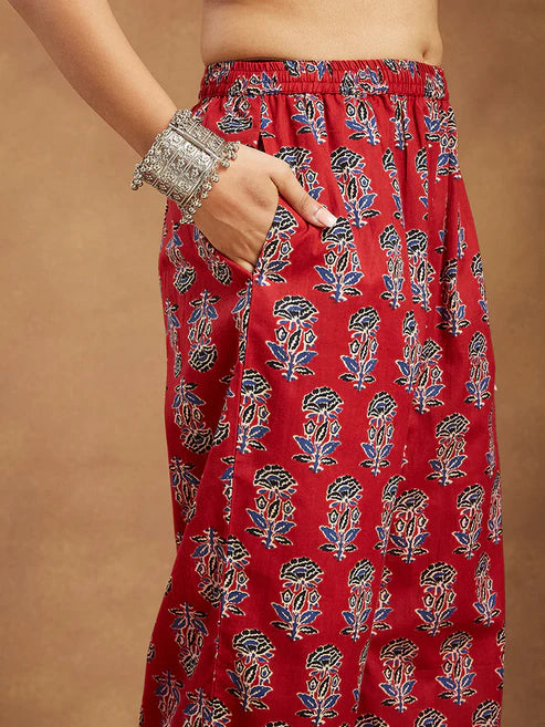 Women's Maroon Pure Cotton Floral Printed Straight Kurta Pant Set