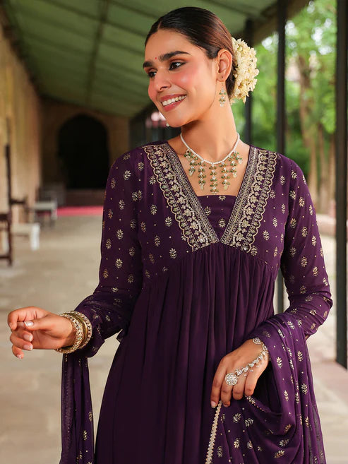 Saheli Women's Purple Georgette Embroidered Gold Printed Anarkali Kurta With Dupatta Set