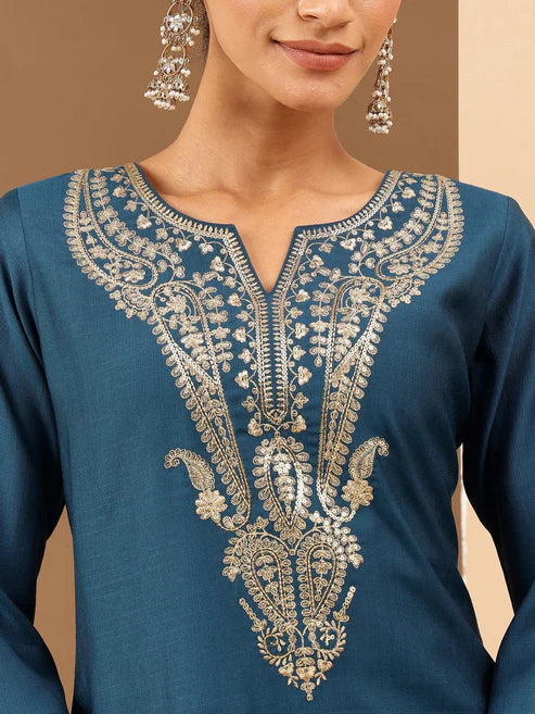 Saheli Women's Teal Blue Silk Blend Zari Yoke Embroidered Straight Kurta