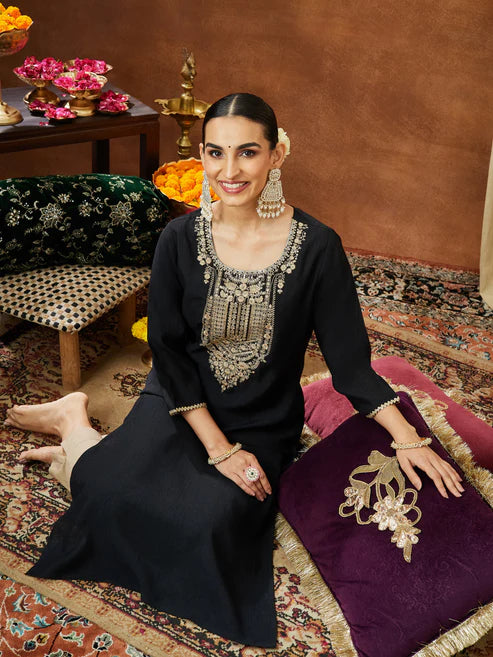 Saheli Women's Black Silk Blend Zari Yoke Embroidered Straight Kurta