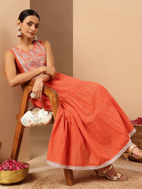 Saheli Women's Orange Pure Cotton Yoke Embroidered Tiered Kurta