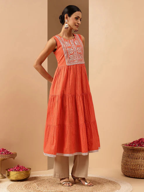 Saheli Women's Orange Pure Cotton Yoke Embroidered Tiered Kurta