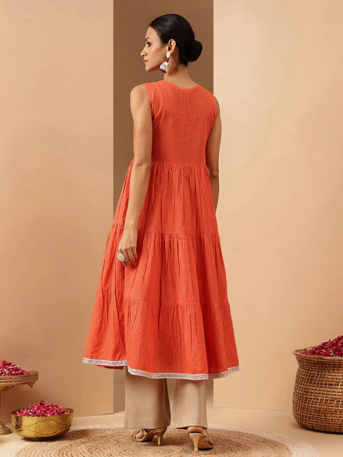Saheli Women's Orange Pure Cotton Yoke Embroidered Tiered Kurta
