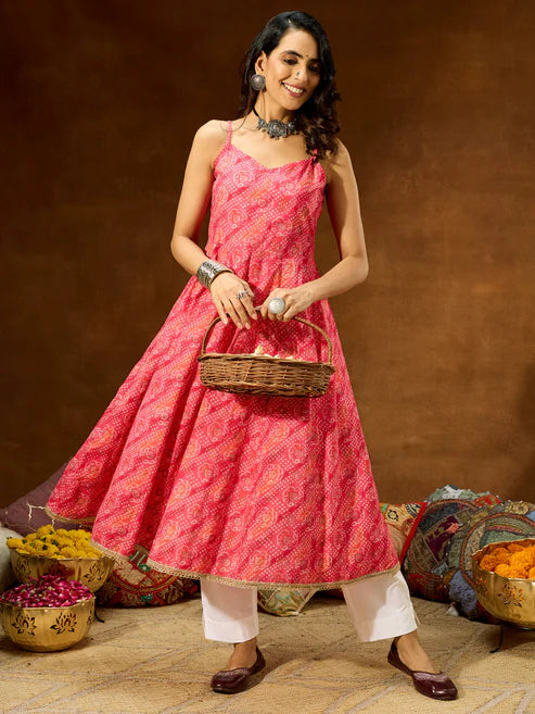 Saheli Women's Pink Pure Cotton Bandhani Printed Anarkali Kurta