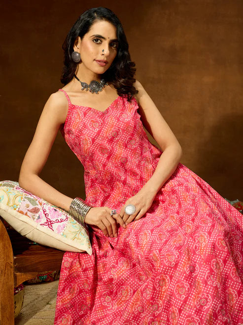 Saheli Women's Pink Pure Cotton Bandhani Printed Anarkali Kurta