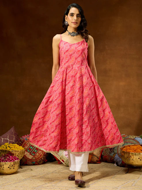 Saheli Women's Pink Pure Cotton Bandhani Printed Anarkali Kurta