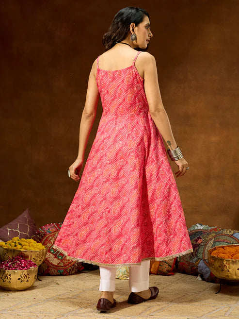 Saheli Women's Pink Pure Cotton Bandhani Printed Anarkali Kurta