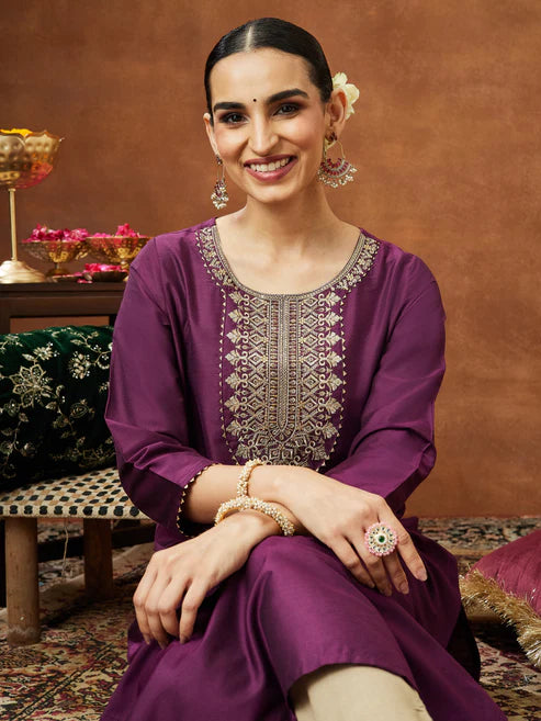 Saheli Women's Wine Chanderi Silk Zari Yoke Embroidered Straight Kurta