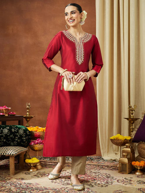 Saheli Women's Maroon Chanderi Silk Zari Yoke Embroidered Straight Kurta