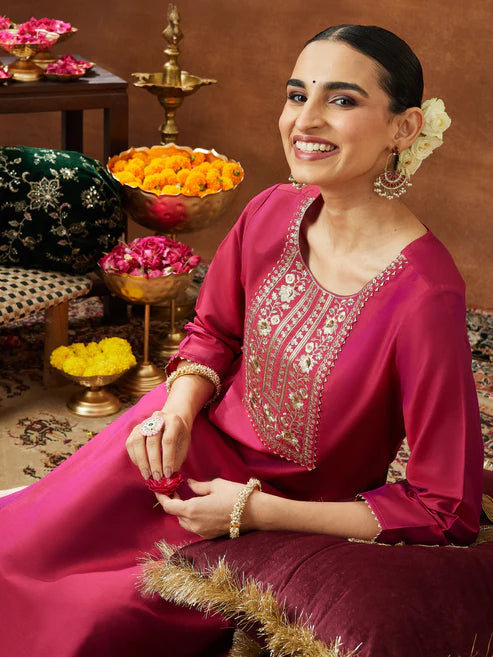 Saheli Women's Pink Chanderi Silk Zari Yoke Embroidered Straight Kurta