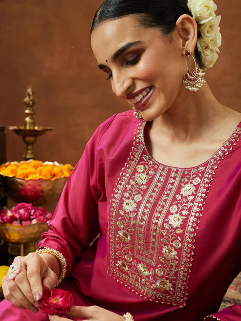 Saheli Women's Pink Chanderi Silk Zari Yoke Embroidered Straight Kurta