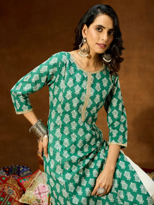 Saheli Women's Green Pure Cotton Ethnic Motifs Printed Straight Kurta
