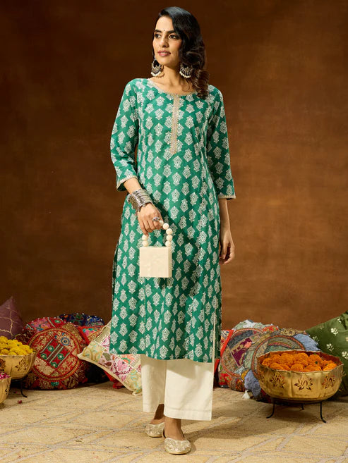 Saheli Women's Green Pure Cotton Ethnic Motifs Printed Straight Kurta