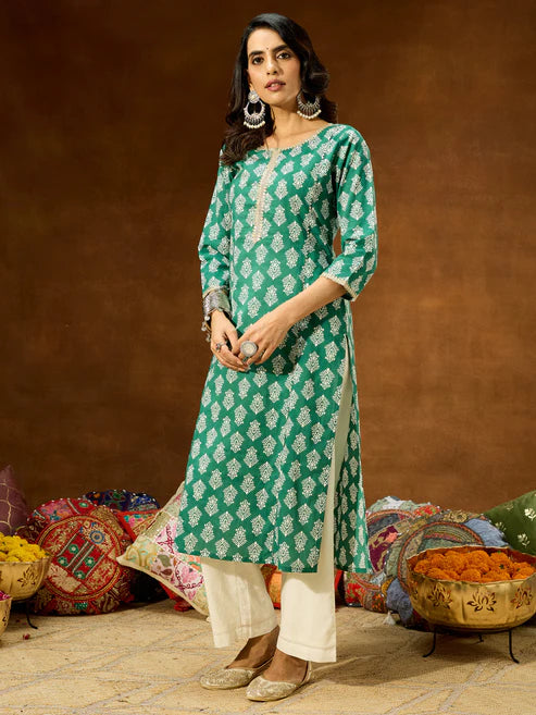Saheli Women's Green Pure Cotton Ethnic Motifs Printed Straight Kurta