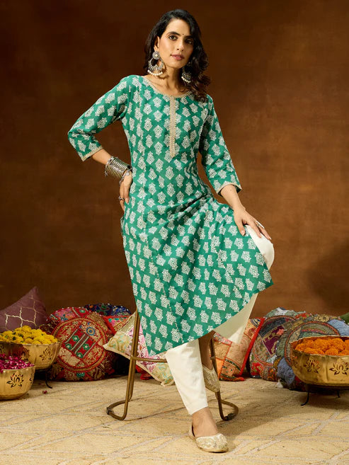Saheli Women's Green Pure Cotton Ethnic Motifs Printed Straight Kurta