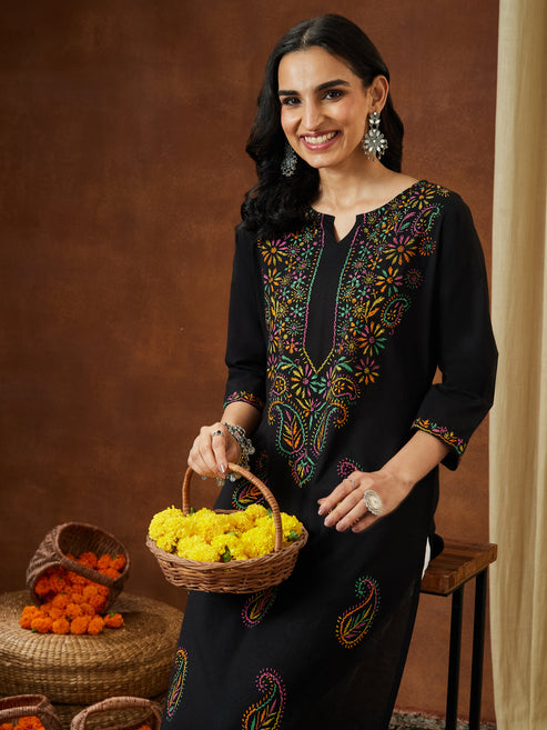 Saheli Women's Black Pure Cotton Paisley Printed Straight Kurta Set