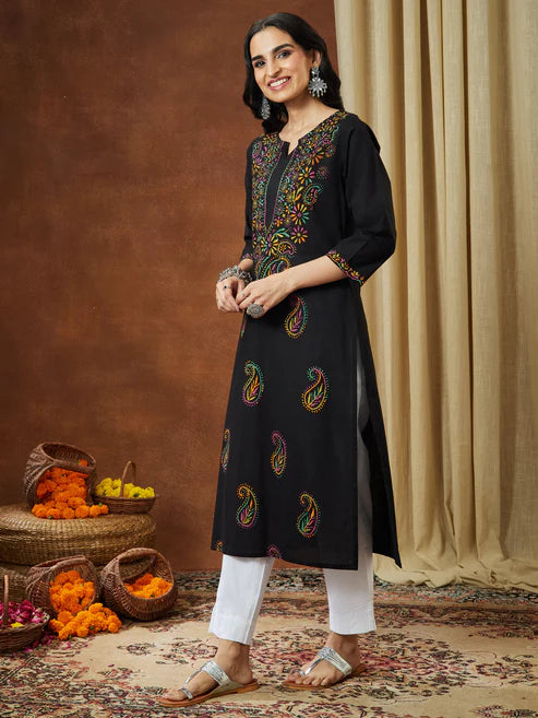 Saheli Women's Black Pure Cotton Paisley Printed Straight Kurta Set